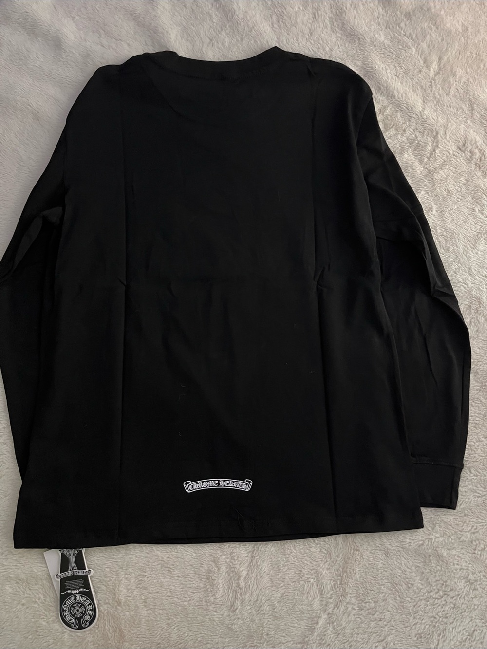 Chrome Hearts Black Long Sleeve Pocket Tee with White Gothic Sleeve Logos - Picture 2 of 2